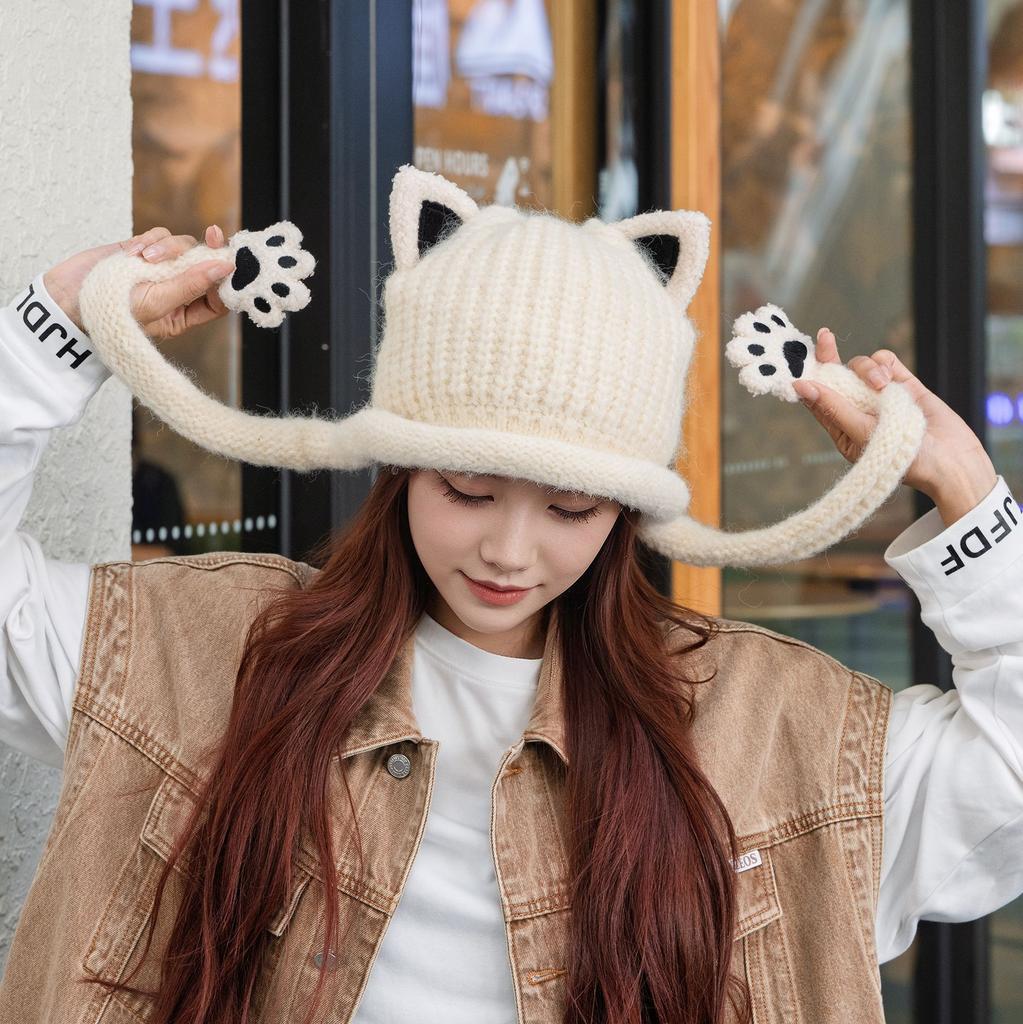 New cat ear knitted wool hat women's autumn and winter cold and warm ear protection hat casual versatile cute cat claw big head circumference