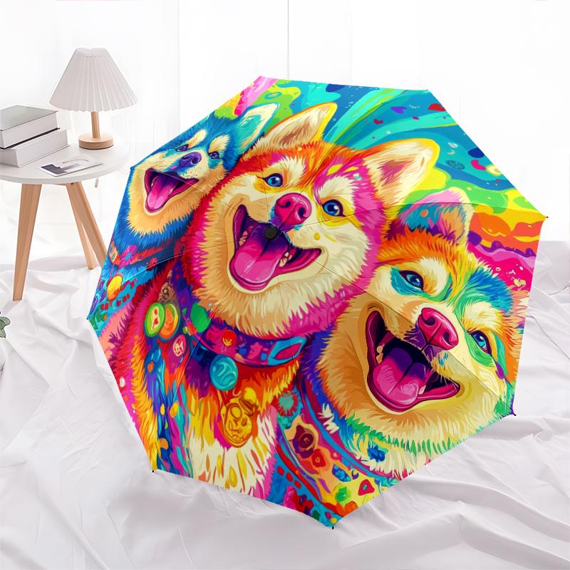 Colorful Husky pattern, automatic folding umbrella, portable and foldable design, 8 ribs, a Christmas or birthday gift.