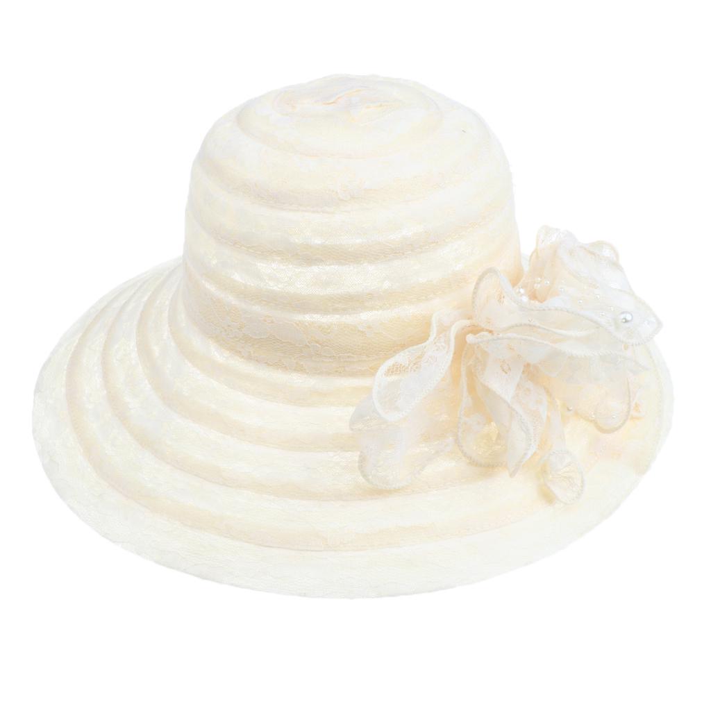 Fashion Women Elegant Lace Flower Derby Sun Hat Party Wedding Cap beige