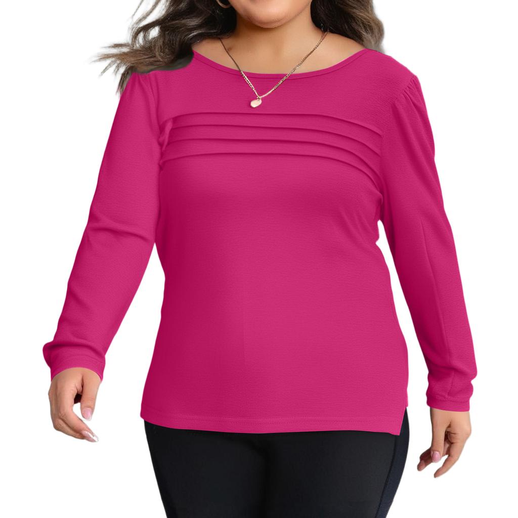 Women's Solid Color Round Neck Pleated Long Sleeved Plus Size Top