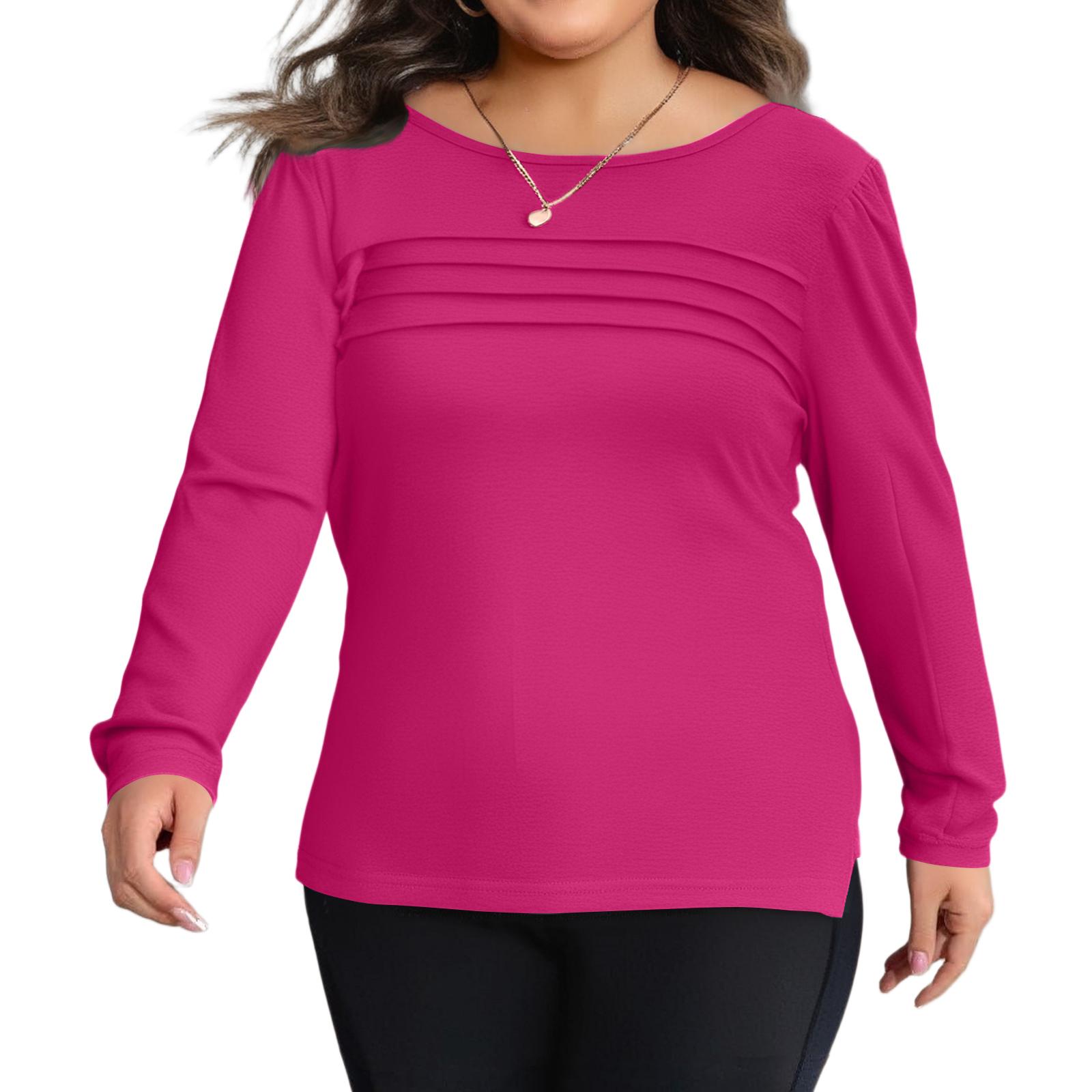 

Женский однотонный топ большого размера с круглым вырезом и плиссированными длинными рукавами L