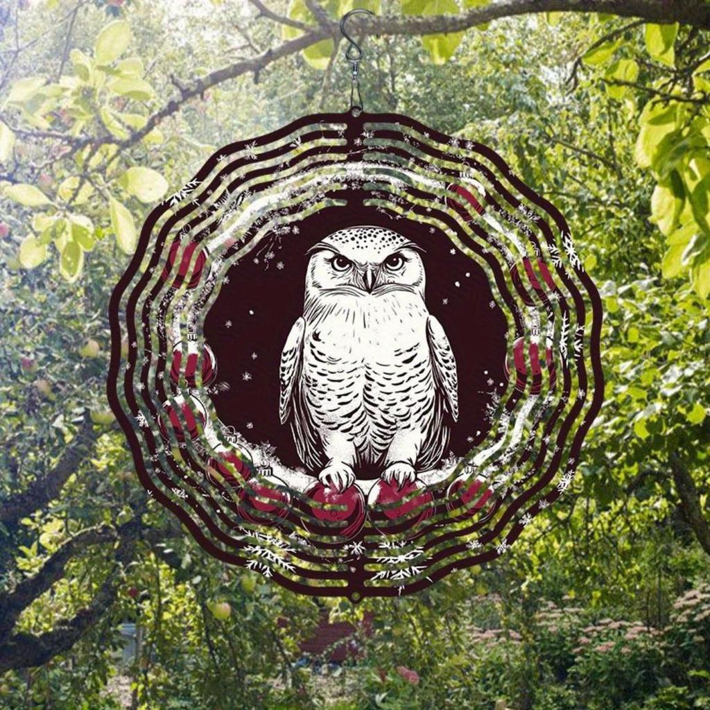 Christmas Owl Wind Spinner 3D Metal Hanging Ornament for Indoor Outdoor Garden Decor Holiday Yard Art Easy Install No Power Needed