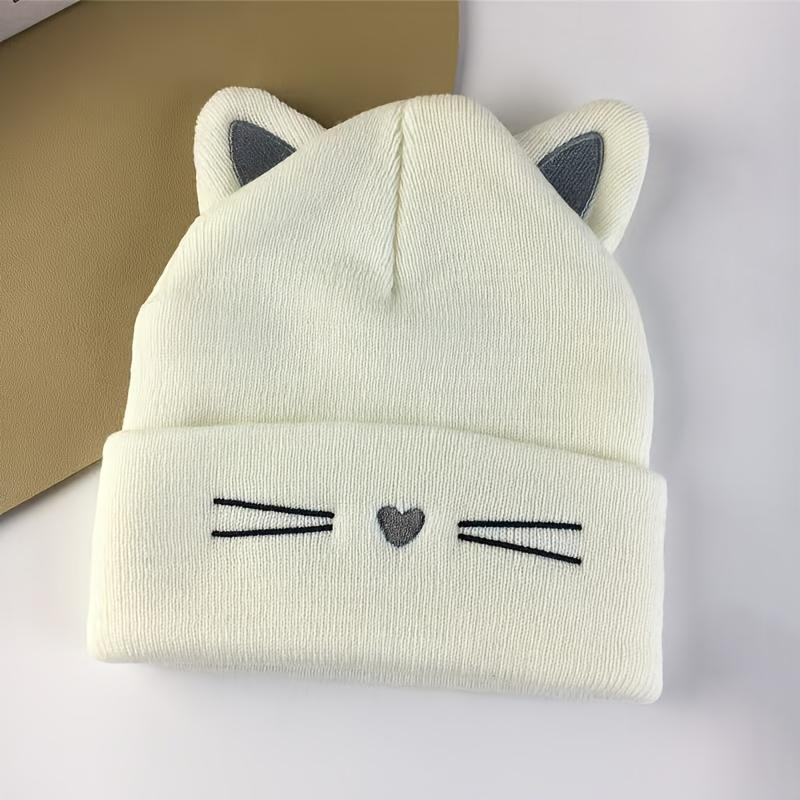 Cute Cat Embroidery Brimless Cap Outdoor Warm Ear Protection Cat's Ears Pullover Hat Woman Autumn and Winter Soft Head Cap