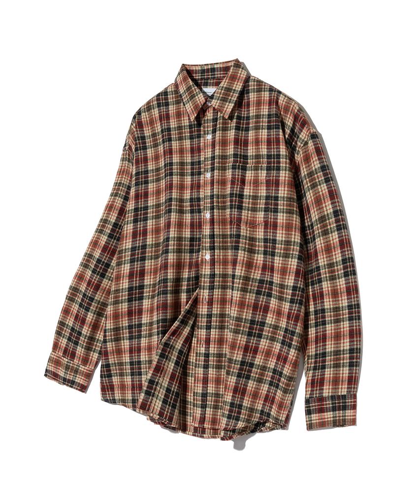 STANDARDERROR 87-Stan134 Soft Misty Oversized Pocket Long Sleeve Check Shirt Red