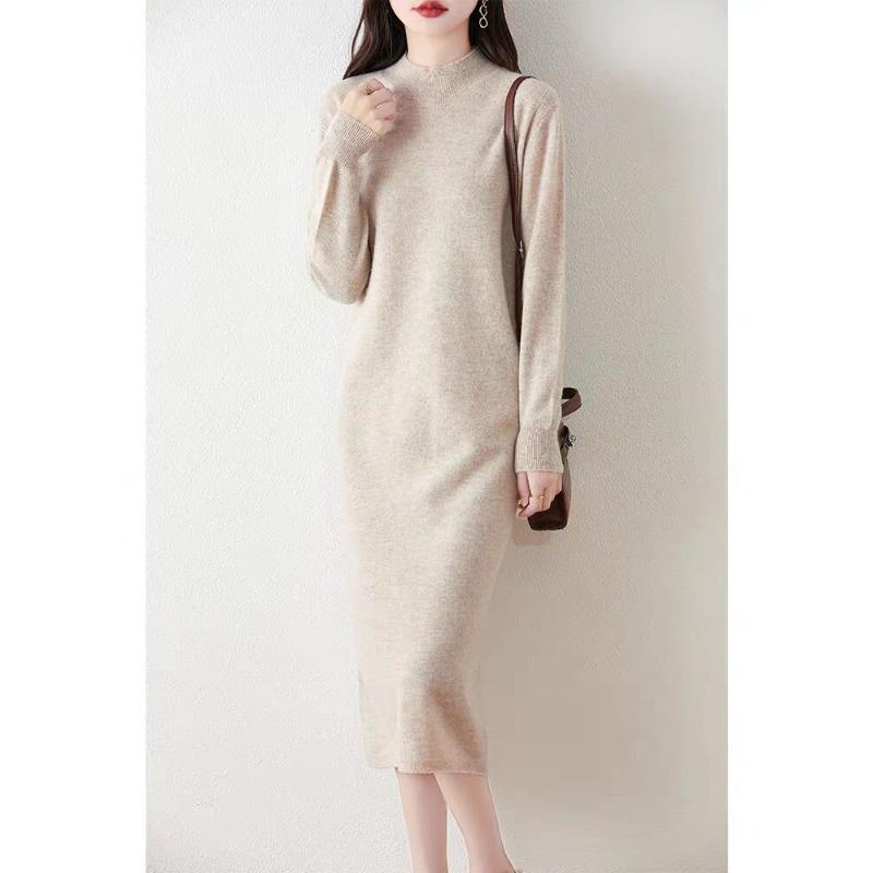 Pullover Casual Half-high Neck Solid Color Long Cashmere Sweater Dress for Women's Autumn and Winter New Knitted Straight Long Skirt