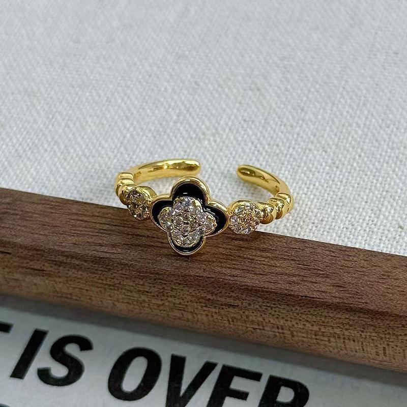 Dark Oil Dripping Full Diamond Inlaid Zirconium Four-Leaf Clover Open Ring Simple Light Luxury High Fashion Women