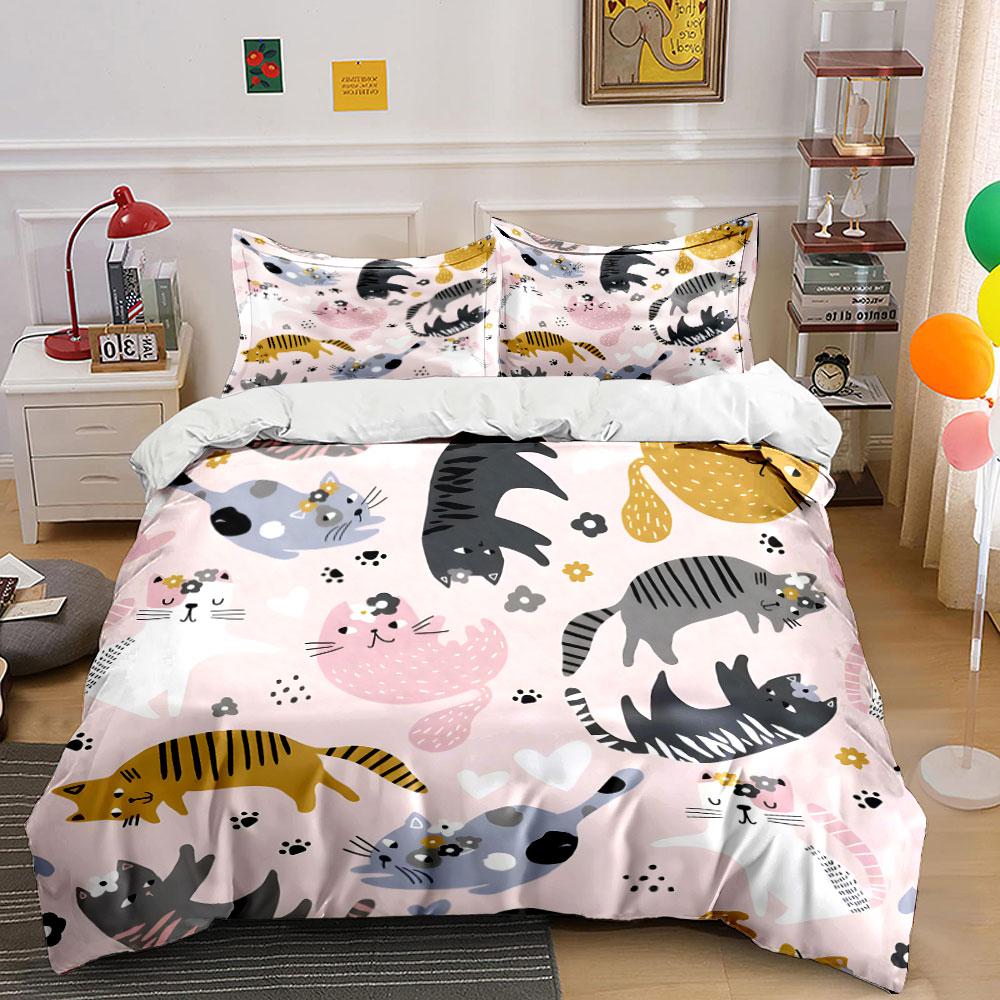 Cute Cartoon Cats Pink Print Bedding Duvet Cover Set (1*Duvet Cover 2*Pillowcases, Without Duvet Insert)