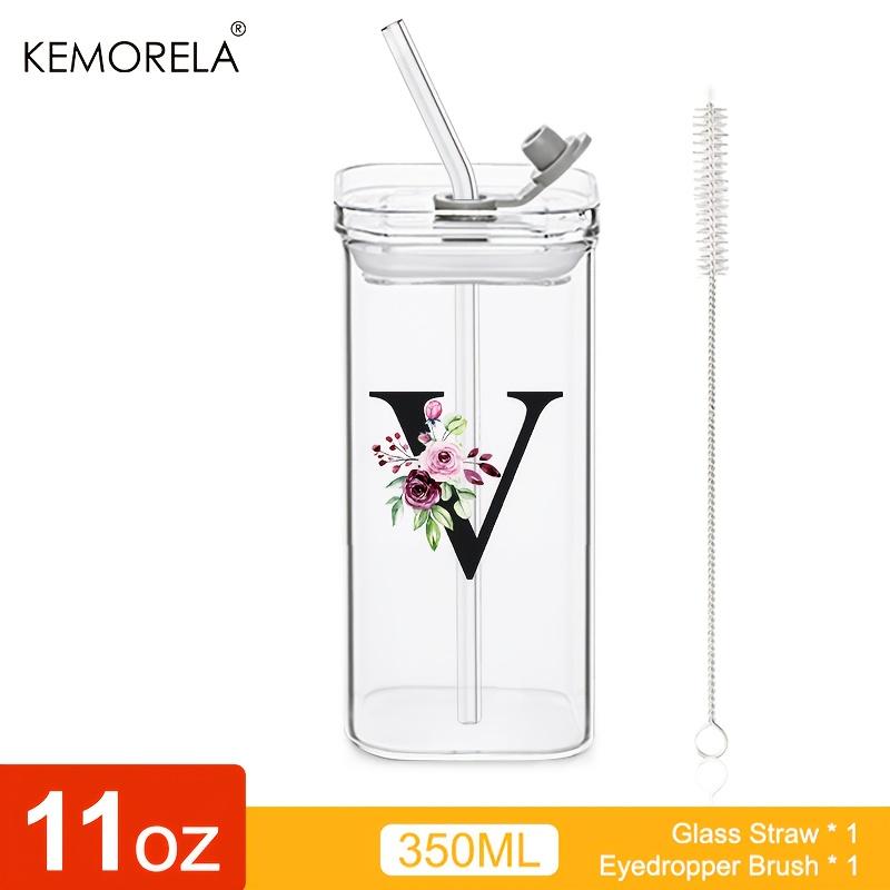 1 STÜCK 24 Buchstabenförmige Glastrinkbecher mit Deckel und Strohhalm Kaffeebecher 300ML Klarer quadratischer Trinkbecher für Kaffee Bier Milch