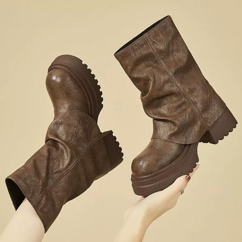 Fashion Ankle Women Boots Platform Chunky Fashion Shoes Elegant 2025 Winter New Pleated Chelsea Leather Shoes Woman Party Pumps Botas