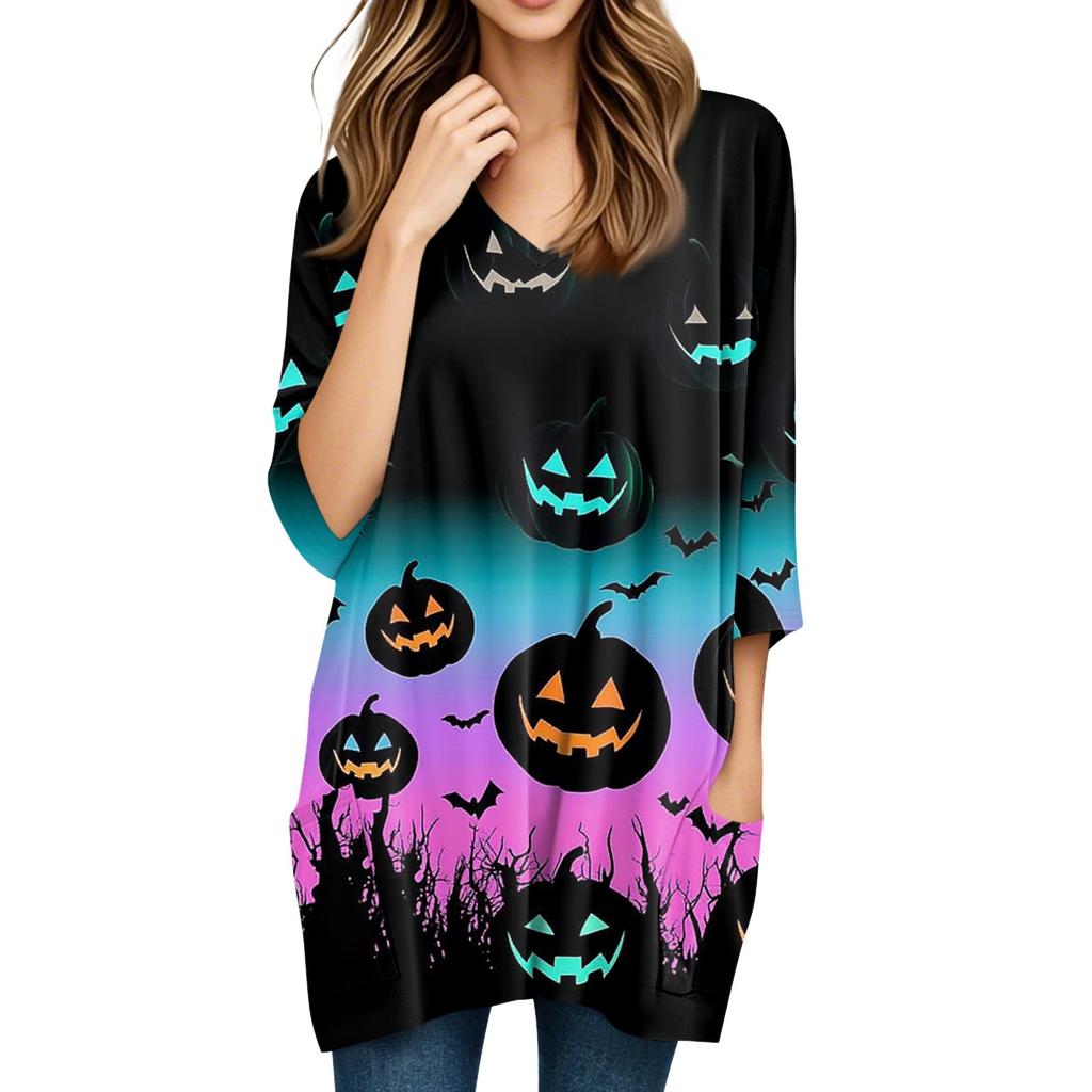 Damen Oberteile V-Ausschnitt 3/4 Ärmel Blusen Lässige Mittellange Hemden Mode Halloween Print Tunika Oberteile Mit Taschen