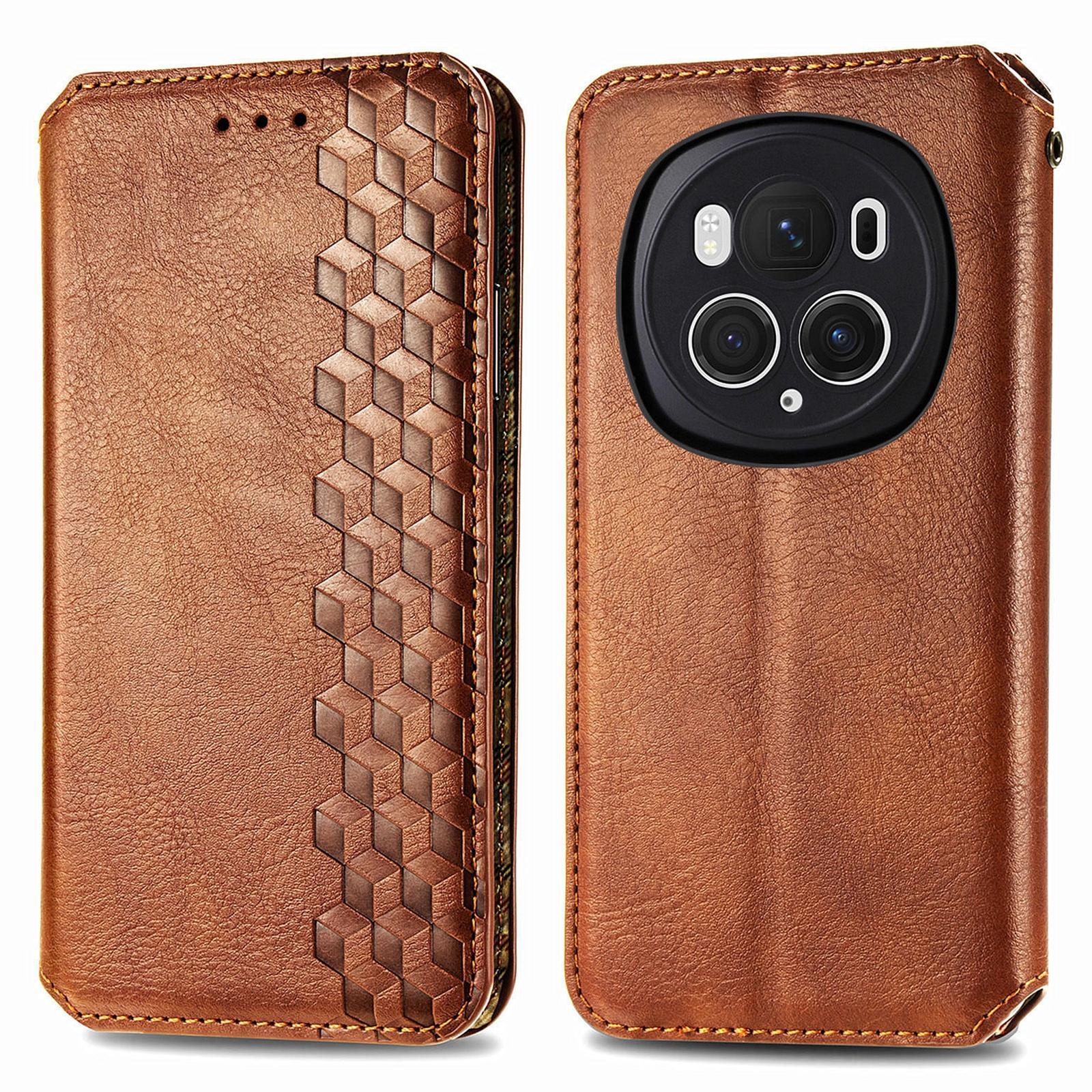 

For Honor Magic6 Pro 5G PU Leather Case Rhombus Imprint Wallet Stand Phone Cover Brown