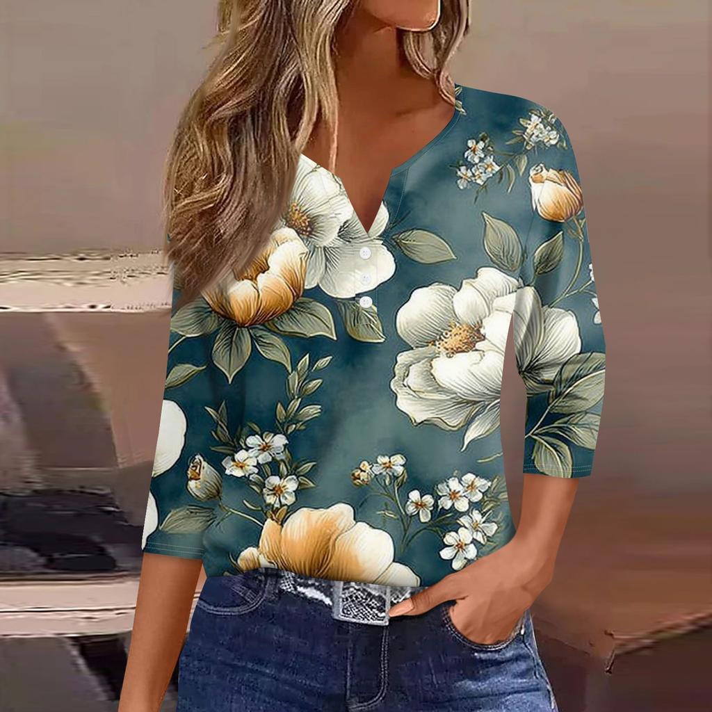 Women's Fashion Casual Floral Print V-Neck Decorative Button Three-quarter Sleeve T-Shirt Top