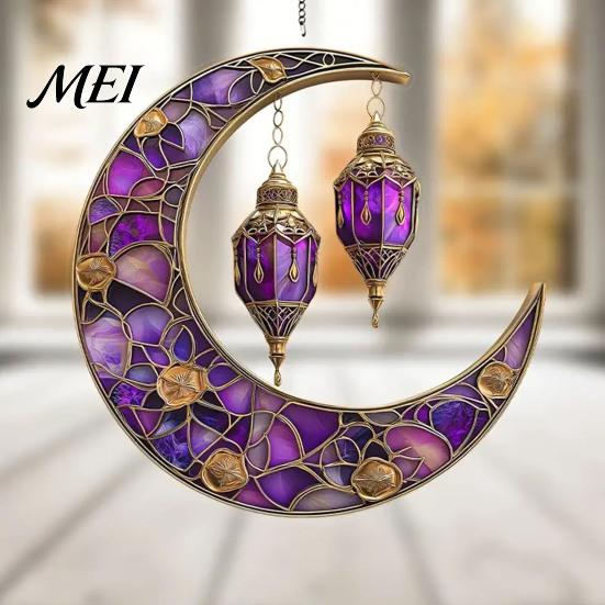 Colorful Glass Suncatcher 2D Acrylic Star Moon Lantern Suncatcher, Crescent Window Hanging Ornament Decoration for Home, Patio, Garden, Ramadan Decor,