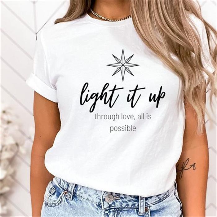 Letní top s kulatým výstřihem a potiskem Módní Ležérní Roztomilá dámská trička z čisté bavlny s krátkým rukávem