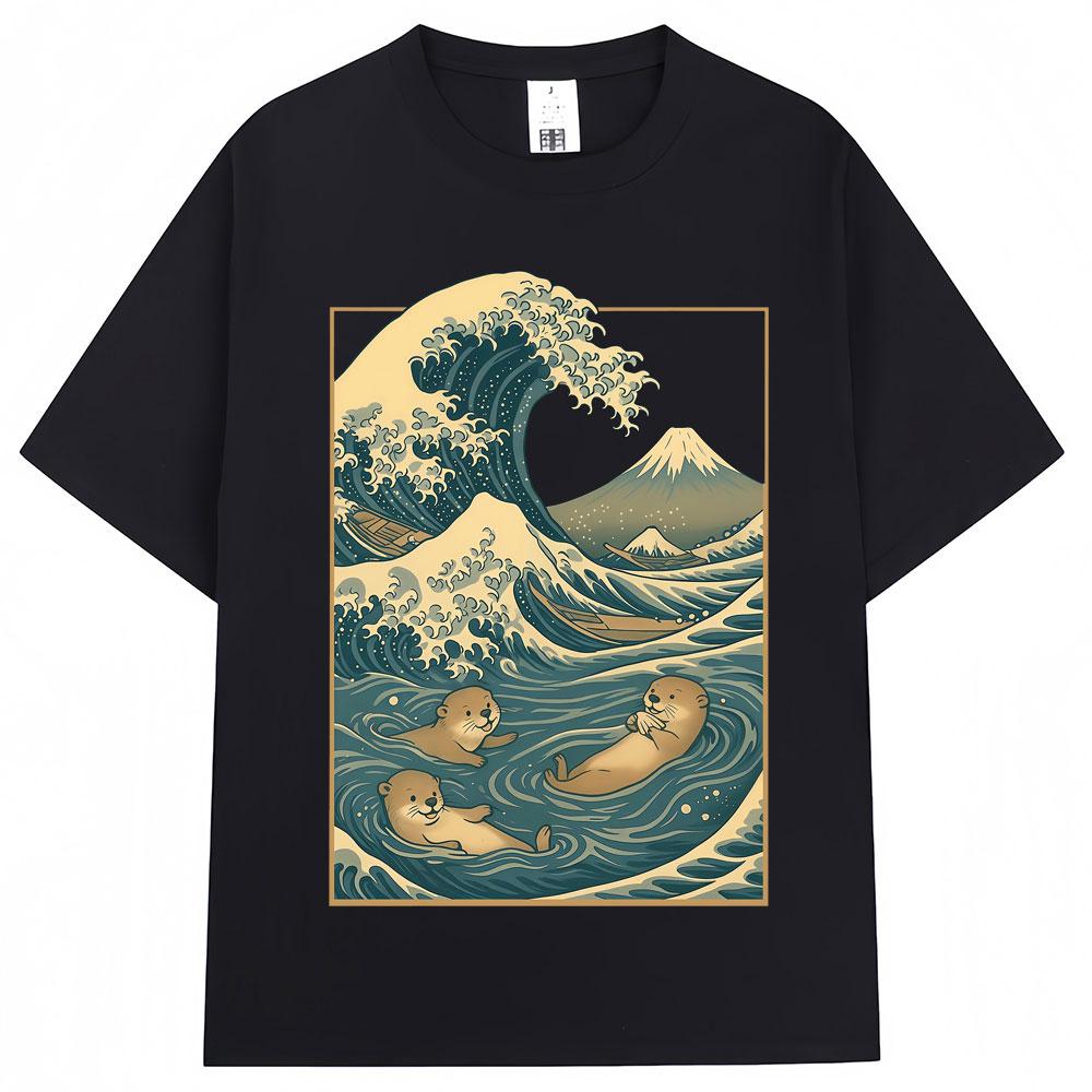 Japanese Style Otter Wave Art Graphic T Shirt Men Women Vintage Harajuku Creativity Tshirts Oversized Cotton Casual Tee Shirts