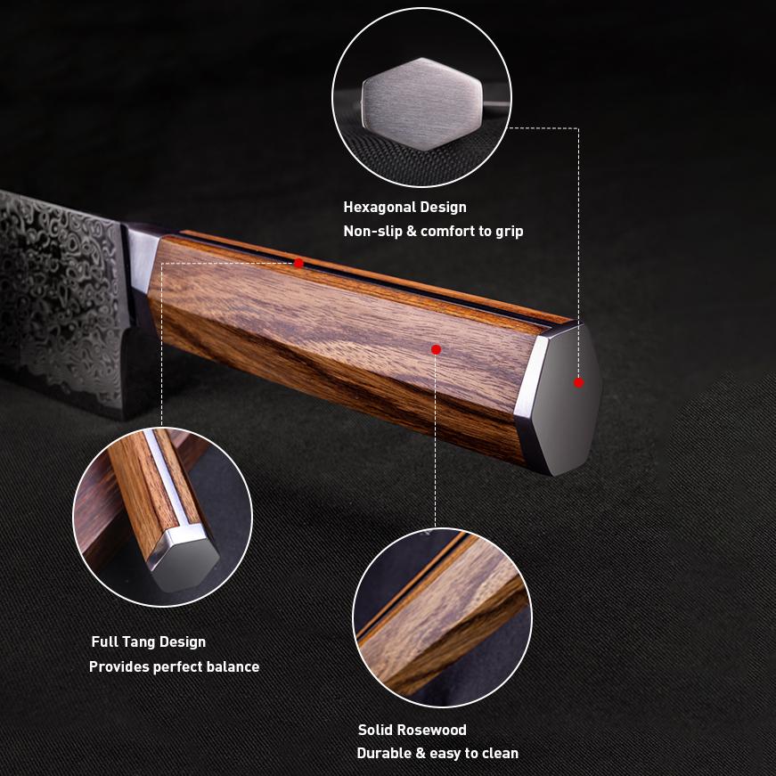 8.3 Inch Chef Knife 67-layers Damascus VG-10 Steel Blade Sharp Slicing Cleaver Japanese Kitchen Knives Hexagonal Rosewood Handle
