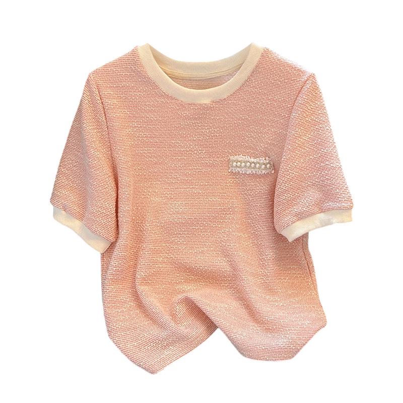 Women's Ice Silk Pink Knit T-Shirt - French Style Short Sleeve, Summer 2025 Niche Design