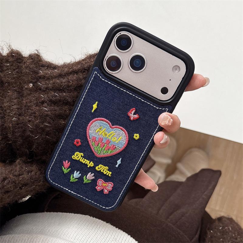 Embroidered Tulip Heart Denim Phone Case for iPhone 15/14 Pro Max