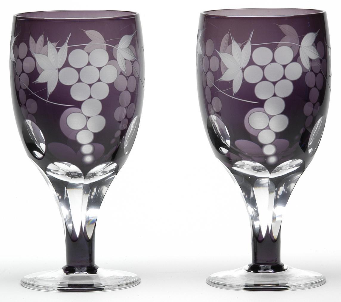 

Mitsuwa Glass Crafts Glass Studio Saiho Grape Design Footed Beer Glass Pair M-62-2V