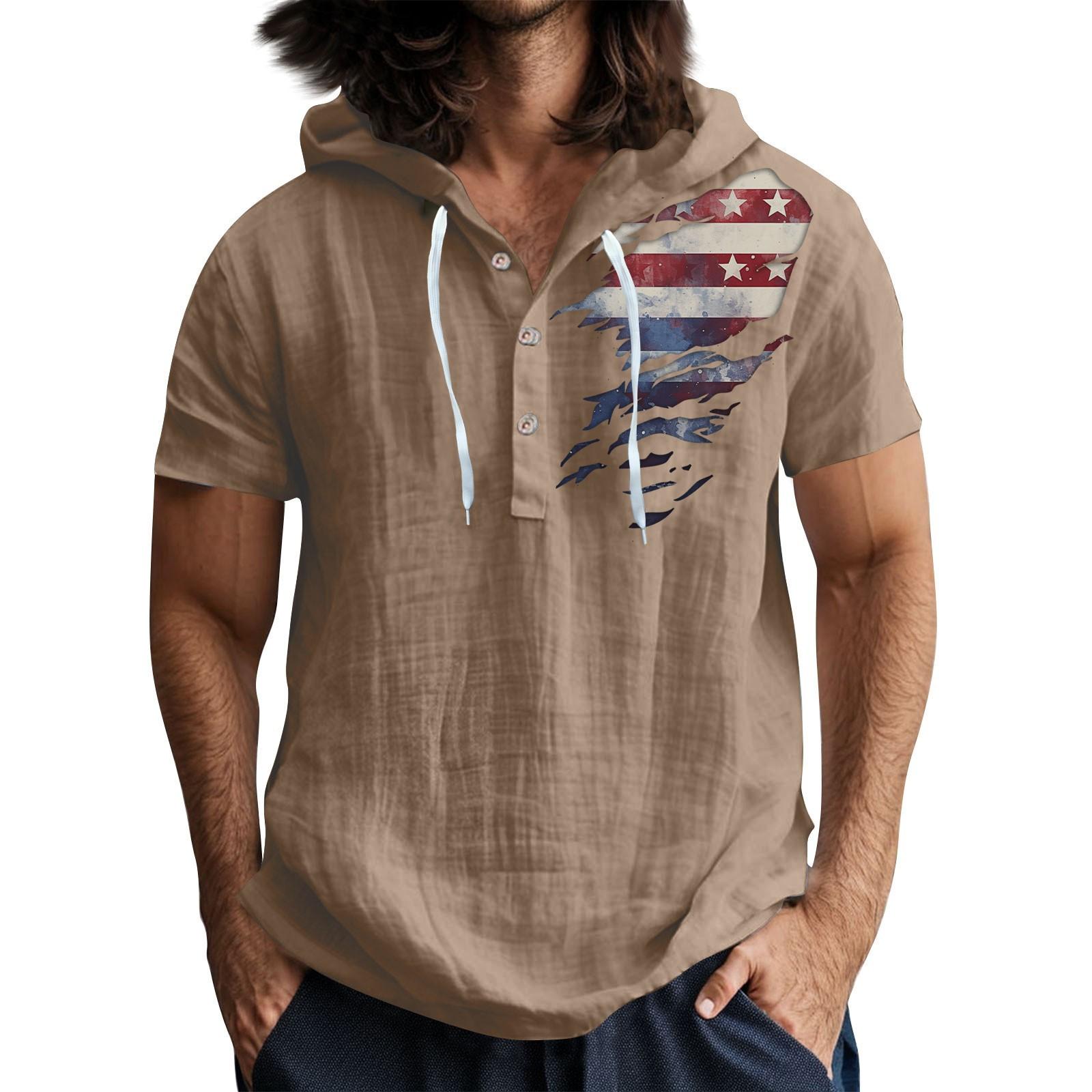 

Мужская повседневная футболка с короткими рукавами, капюшоном и открытым воротом на пуговицах XXL хаки