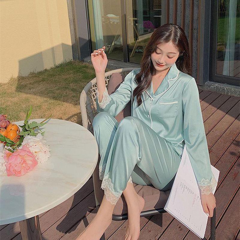 Summer Thin Section of Ice Silk Pajamas Women Senior Sense of Long-Sleeved Casual Breathable Cardigan Ladies Homewear Suit