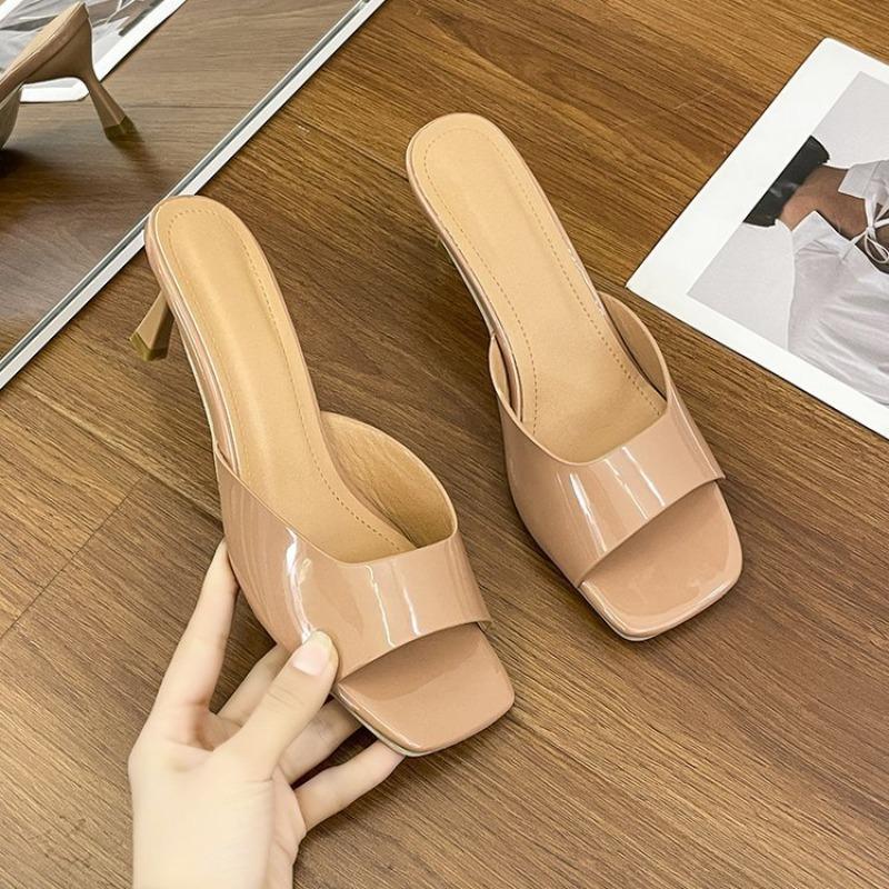 Patent Leather High-heeled Cool Slippers Women's Summer New Square-heeled Thin-heeled Plus-size Women's Slippers