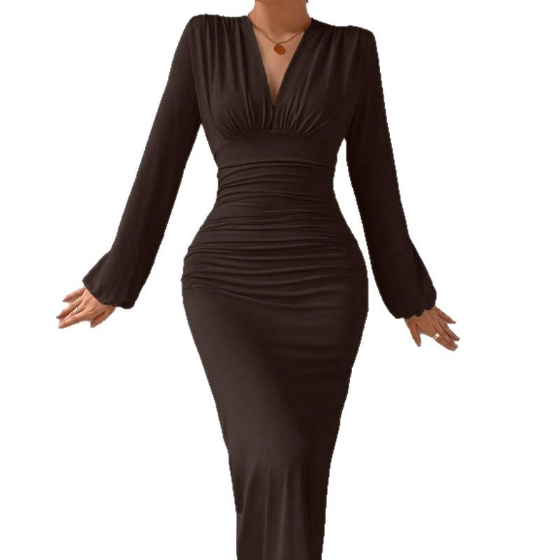 V-Neck High-Waist Slimming Long-Sleeve Evening Dress for Women