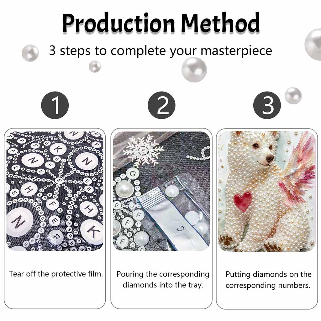 Relaxing DIY Pearl Painting Kit Framed with Winged Bear Heart Design 5D Sparkling Bead Canvas Craft for Girls Bedroom Decor Gift