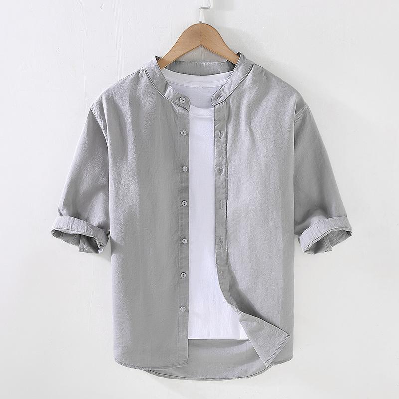 Beach Summer Tops Male Japanese Style Cotton Linen Short Sleeve Shirt Stand Collar Green Shirts for Men Breathable Clothing
