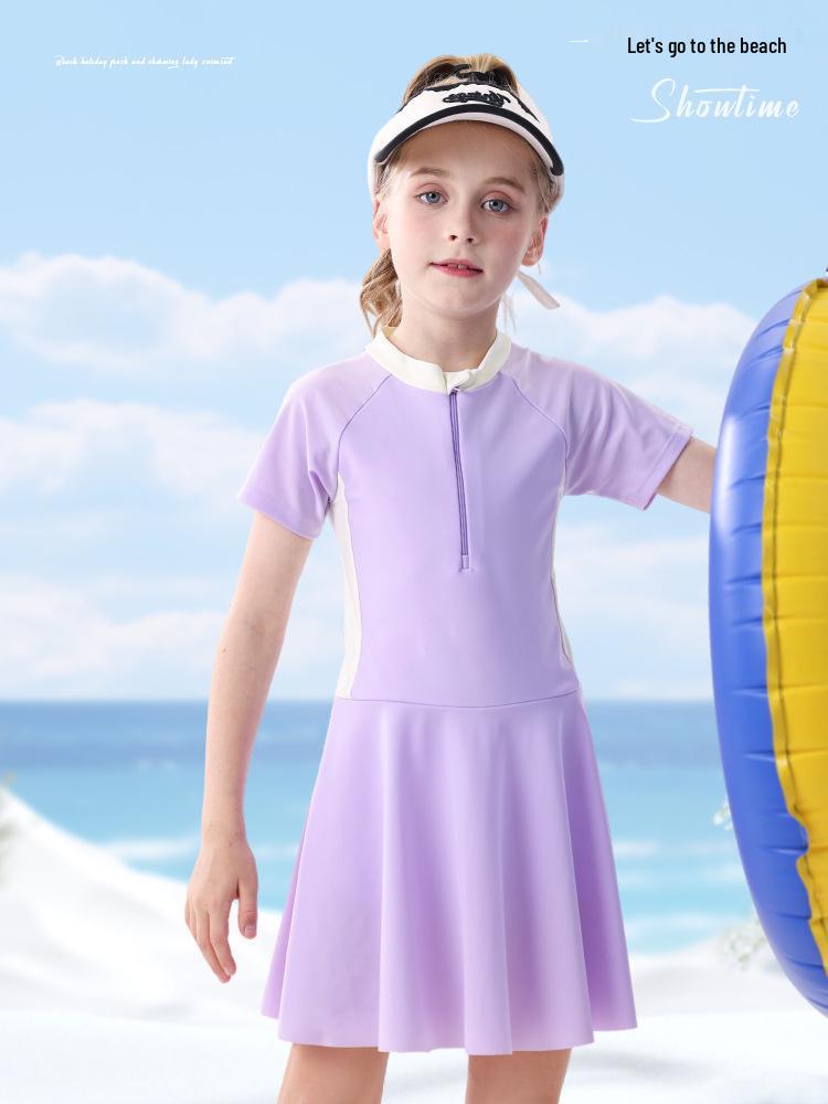 2026 Girls' One-Piece Swimsuit: Sun Protection, Quick-Dry, Short-Sleeve Swimwear for Medium & Large Children