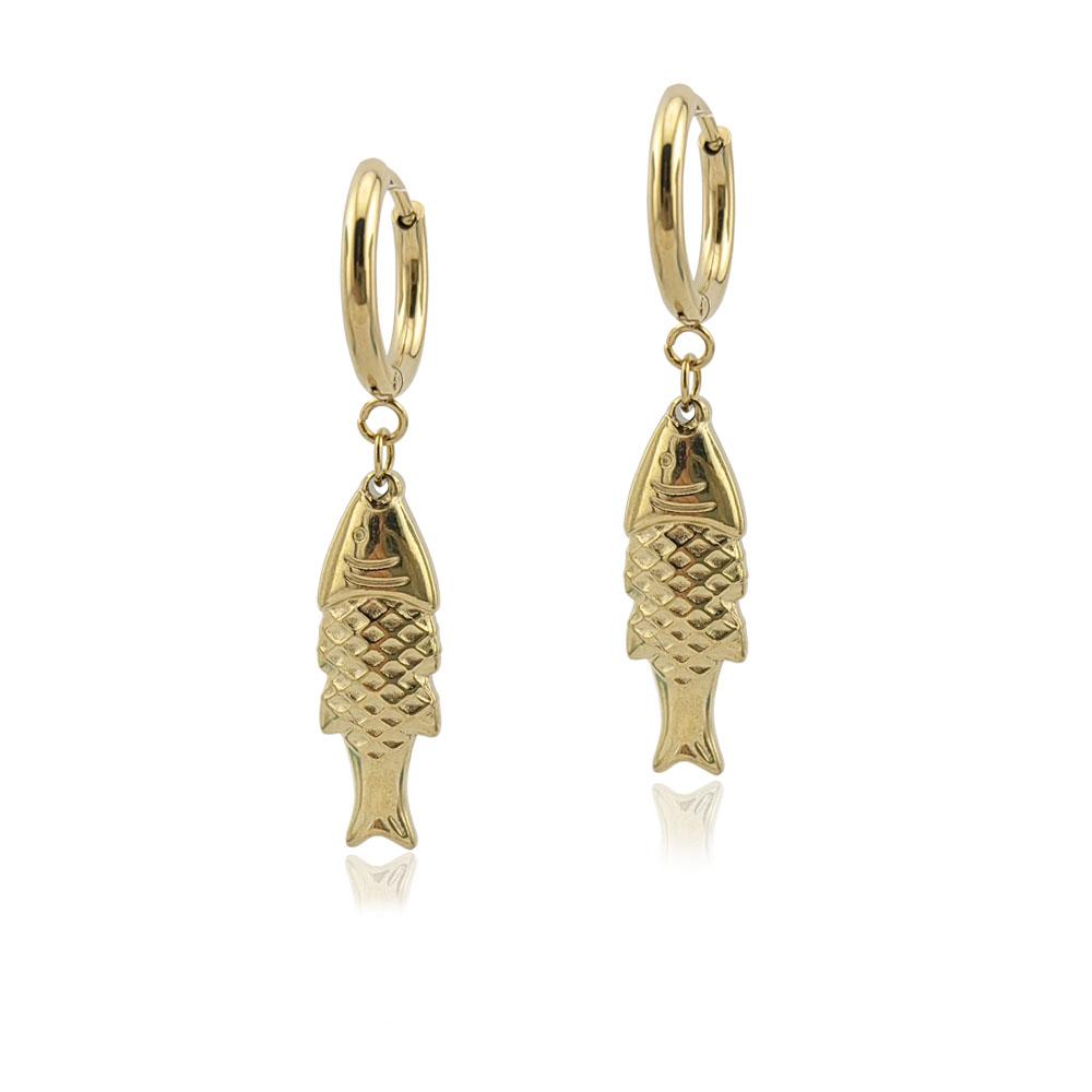 

New In 316 Stainless Steel Gold Plated Fish Earrings Woman Sea Animal Pendant Hoop Earrings