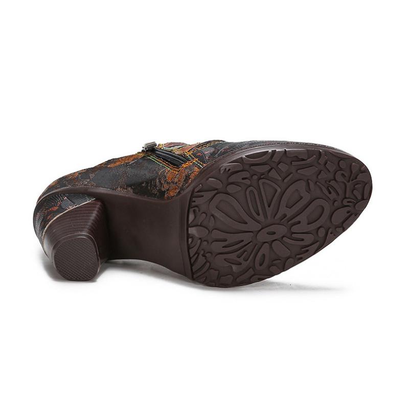 Johnature Genuine Leather Pumps Women Shoes Retro Round Toe Fashion High Heels Printed Handmade Ladies Shoes