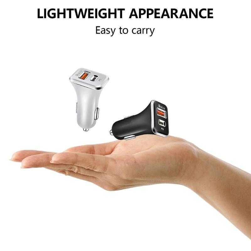 38W Car Charger with USB Type C and Standard USB A Port for 2 Devices Power Supply Support QC3.0 Charge