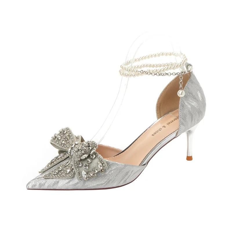 Spring Summer Fashion Pointed Toe Sandals Women's Rhinestone Pearl Butterfly Gold Silver High Heels Party Wedding Heeled Shoes