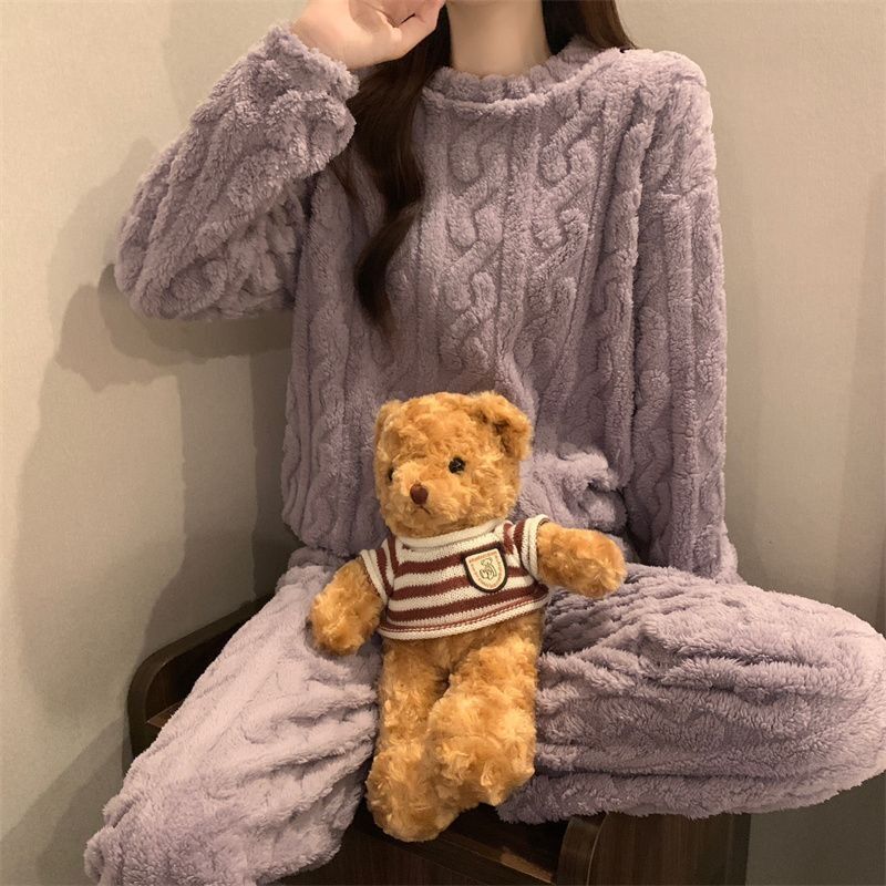 Coral Fleece Jacquard Pajamas Set Women Autumn Winter Fleece Thickened Warm Crew Neck Cable Knit Loungewear Wearable Outside