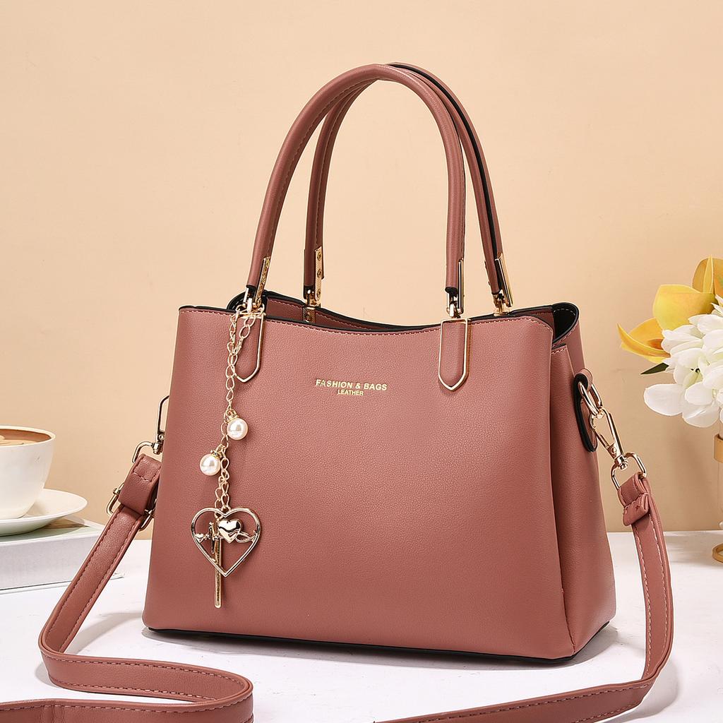 Geantă nouă, simplă, cu umăr, de culoare solidă, de mare capacitate, cu pandantiv cu perle de dragoste