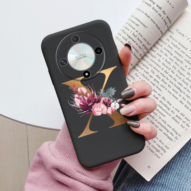 Buchstaben-Handyhülle für Honor X9b X9a Magic5 Lite Magic6 Lite 5G Hülle Retro-Blumen Rosa Schwarz Weiches TPU Initialen Silikon Fundas