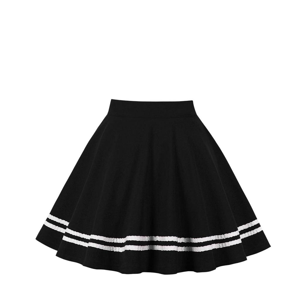 Women's Fashion Color Splicing A-line Pleated Skirts Summer Sweet Navy Style High Waist School Dresses