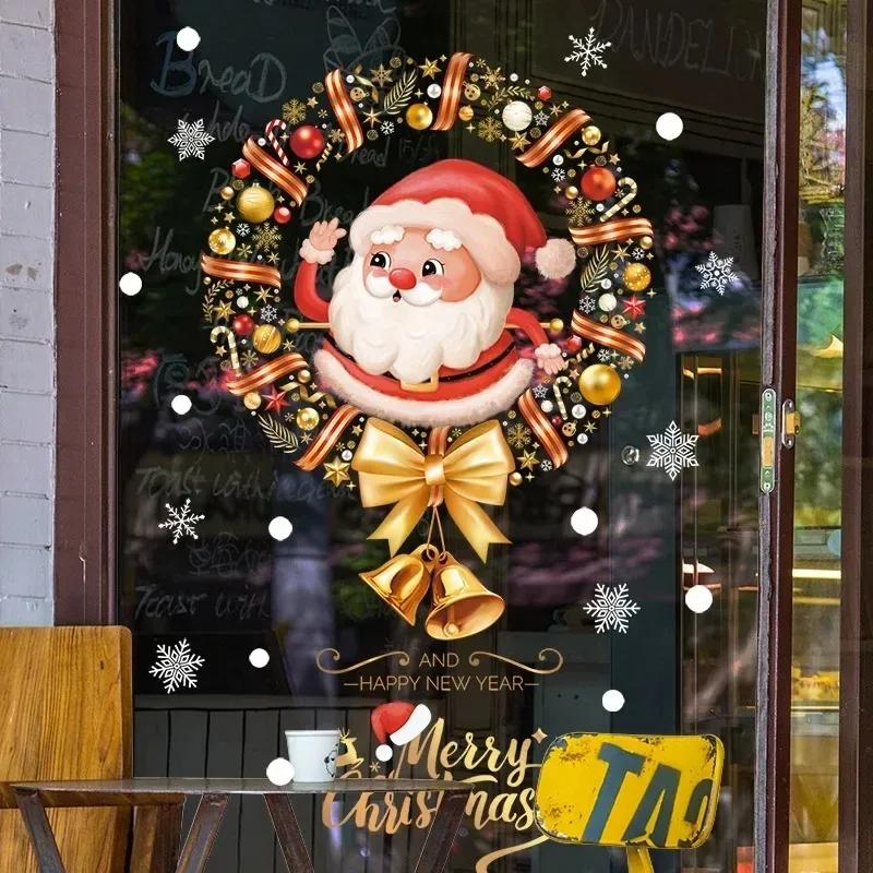 Christmas Static Cling Window Stickers Santa Snowflake Pattern Glass Decals Removable Reusable Shop Window Decor Holiday Decor