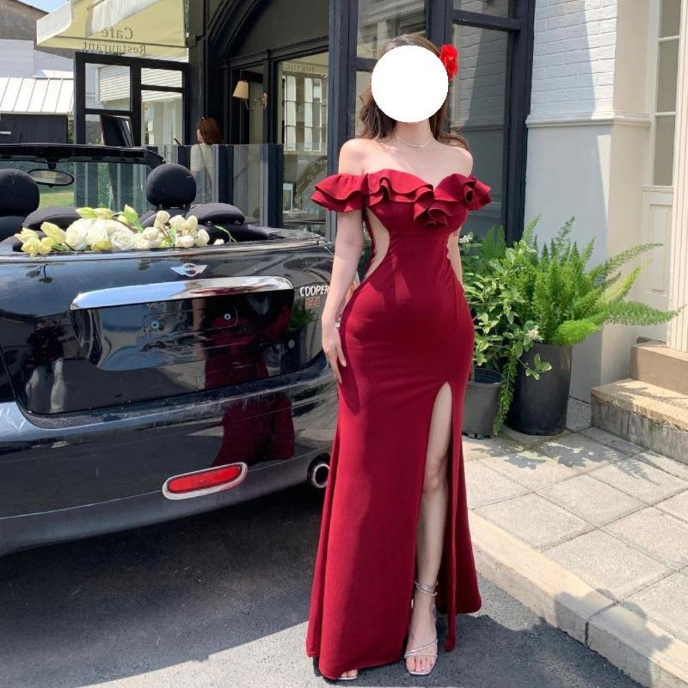 Black rose shoulder evening dress women s high sense banquet temperament socialite host will be sexy fishtail dress s-(can be worn within 45kg )