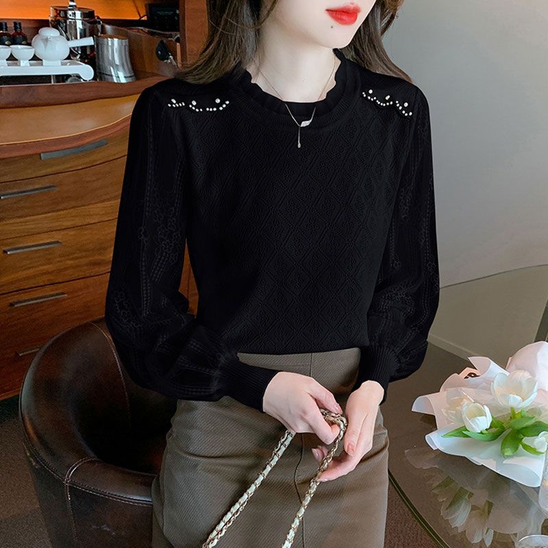 

Ранняя мода весны трикотажная нижняя рубашка женская весенняя одежда весенний образ тонкая и маленькая рубашка с длинным рукавом женский топ 2XL чёрный