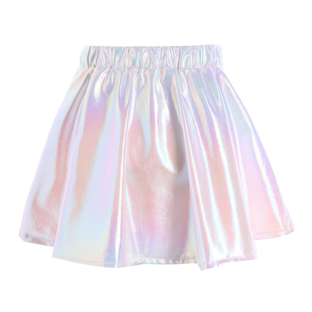 Girls Metallic Shiny Dance Skirt Elastic Waist A Line Miniskirt for Cheerleading Stage Performance