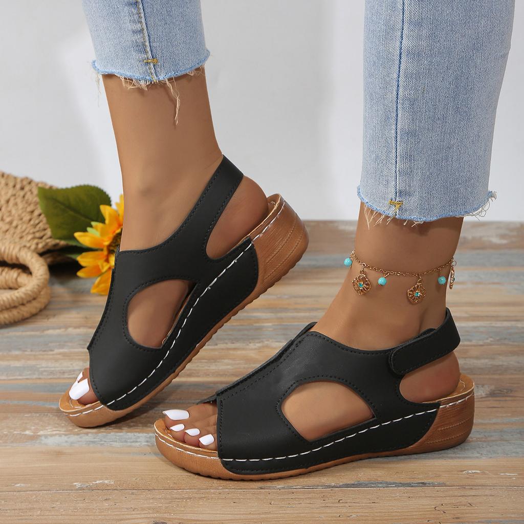 Clog Sandals For Women Leather Ladies Summer Retro Solid Colour Leather Slope Heel Thick Bottom Large Size Fish Sandalias Mujer