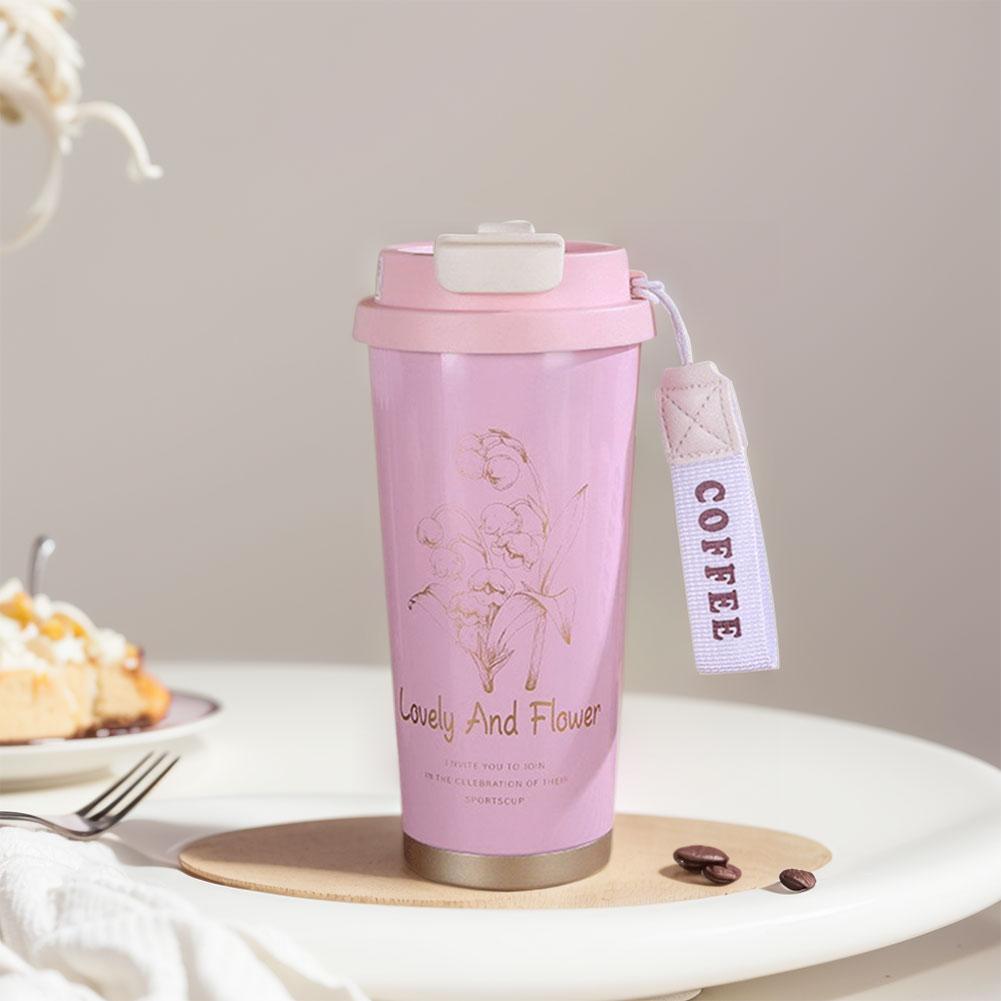 500ml Kawaii Flower Coffee Tumbler with Straw Thermal Coffee Car Cup Stainless Steel Thermal Water Tumbler Cup for Women Men