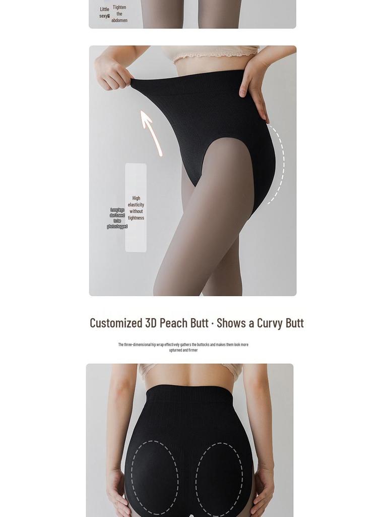 Black Silk Nude-Look Fleece-Lined Sheer Pantyhose Plus Size Leggings with Tummy Control & Hip Lift