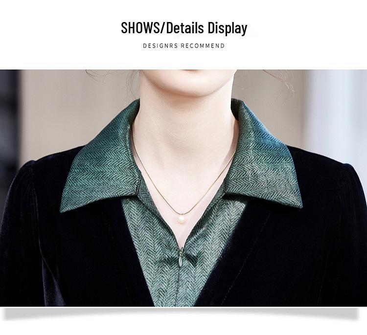 Spring V-Neck Gold Velvet Long Sleeve Dress for Middle-Aged and Elderly Women