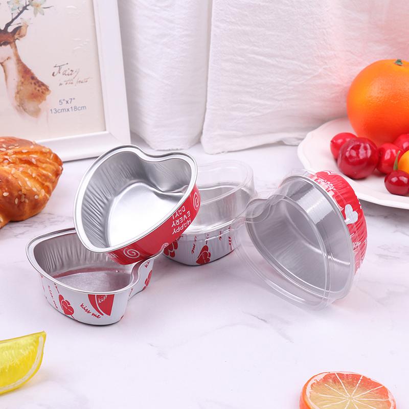 10Pcs/Set 100Ml Heart Shaped Aluminum Foil Cake Cup With Lids Baking Pans