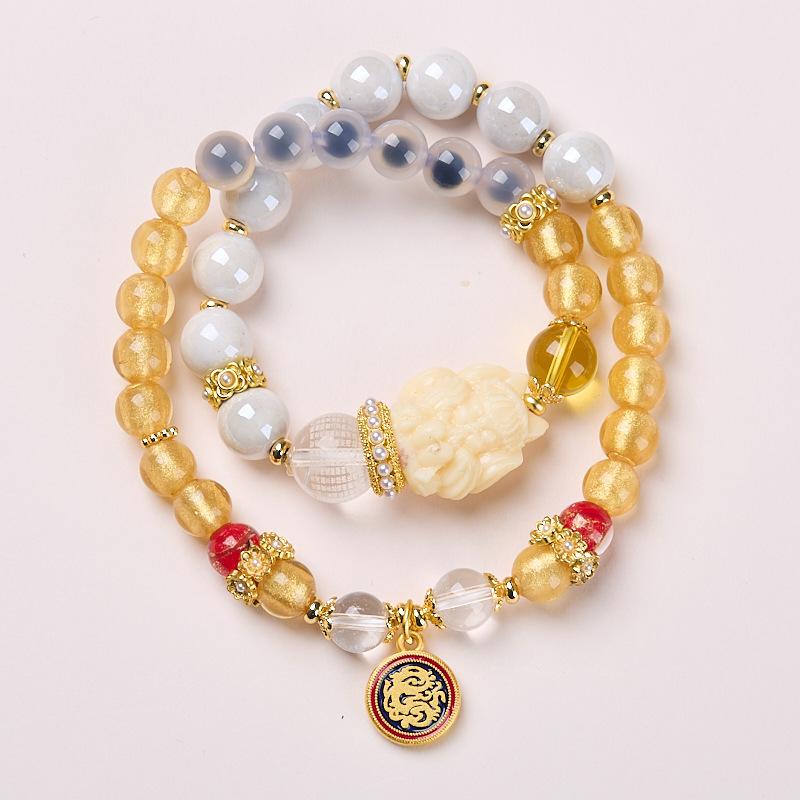 Yongxiang-style Beijing Incense Ash Glass Bracelet with Pink Porcelain Nine-tailed Fox and Gold Foil, Good Luck Bracelet, Gift for Best Friends