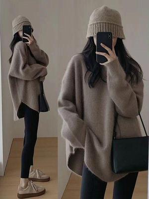 Dame sweater i uldstrik - Koreansk stil, løstsiddende pullover, rund hals, alsidig ensfarvet til efterår/vinter