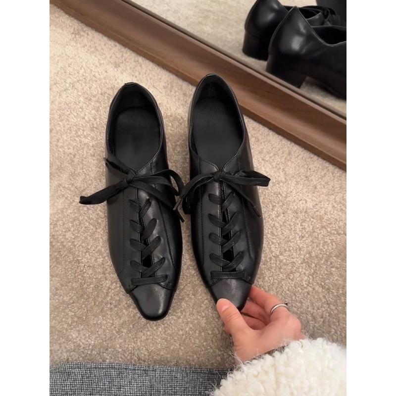 Cowhide version~ retro cross-lace-up old money style small leather shoes commuting thick heels single shoes design temperament